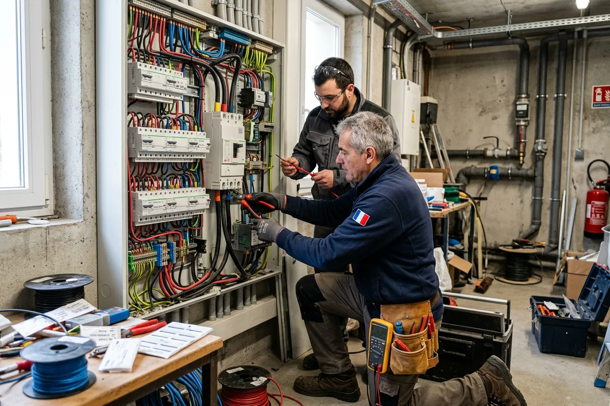 Équipe qualifiée préparant le raccordement électrique d'une borne à Gaillon